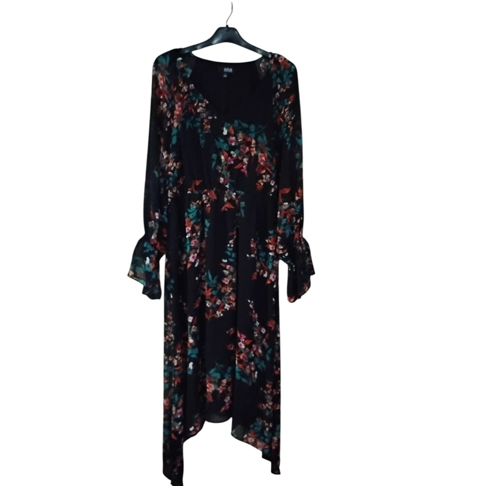 a.n.a A New Approach Floral V-Neck Midi Dress Ruffle Cuff Handkerchief Hem Large